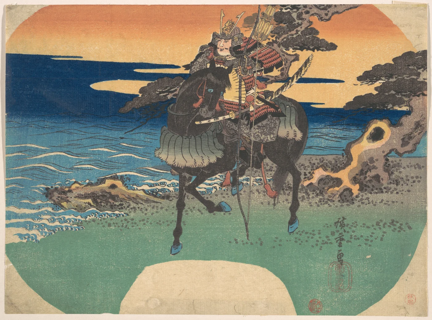 A mounted warrior on a black horse along the shore at dusk